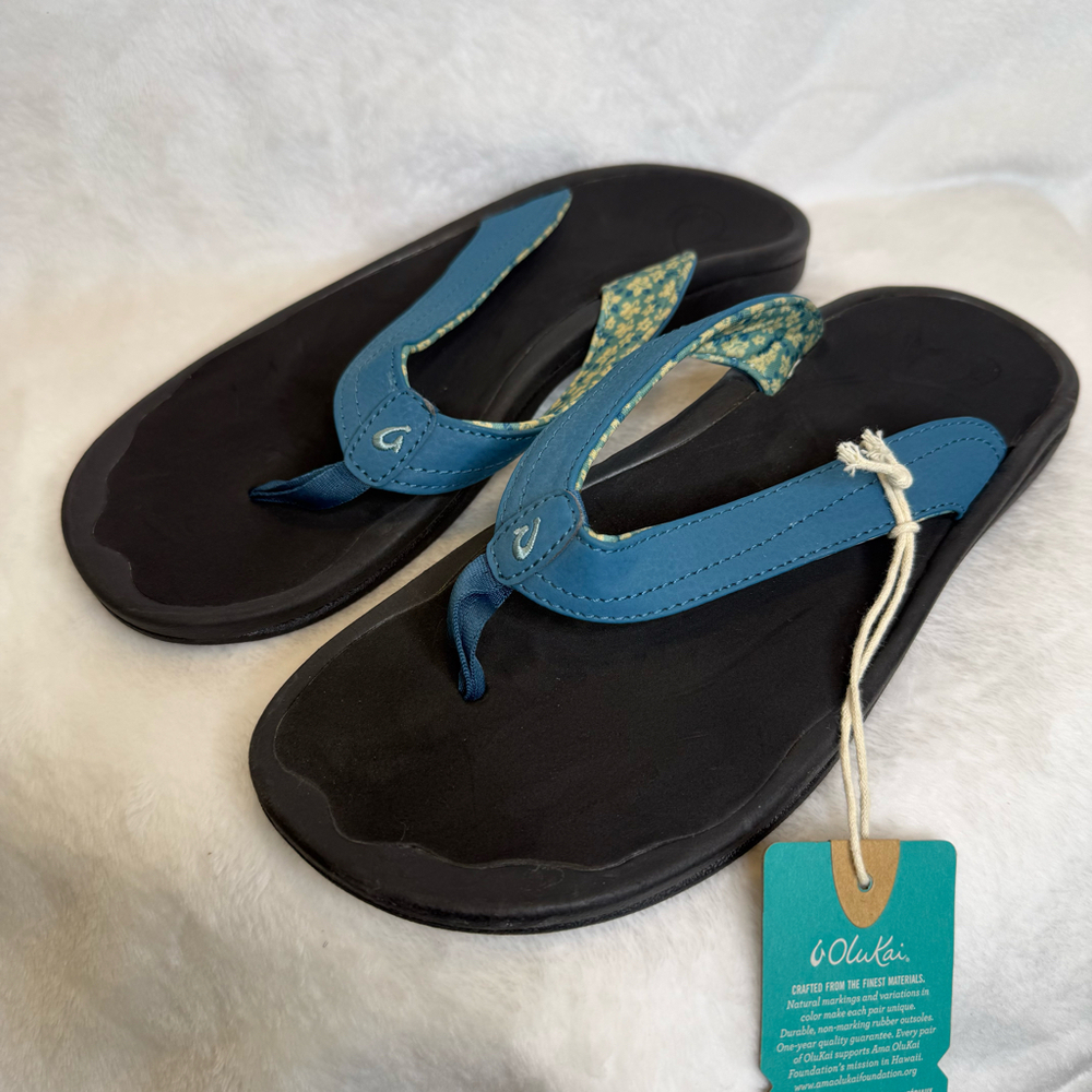 Women's Olukai Ohana Flip Flop Comfort Sandal Blue Flower US Size 11